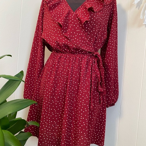 Burgundy Polkadot Wrap Dress - Picture 2 of 9